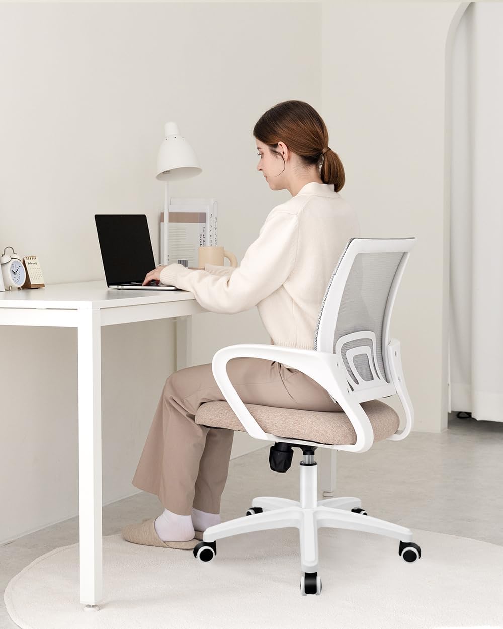 Ergonomic Mesh Office Chair - Mid-Back Gaming Chair with Lumbar Support (Beige)