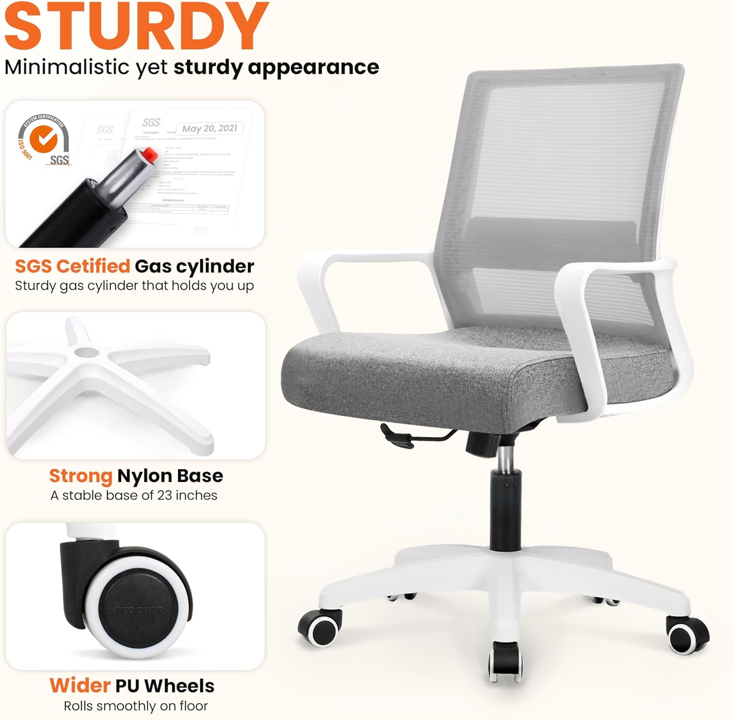 Ergonomic Mesh Office Chair - Mid-Back Desk Chair with Lumbar Support (Grey)