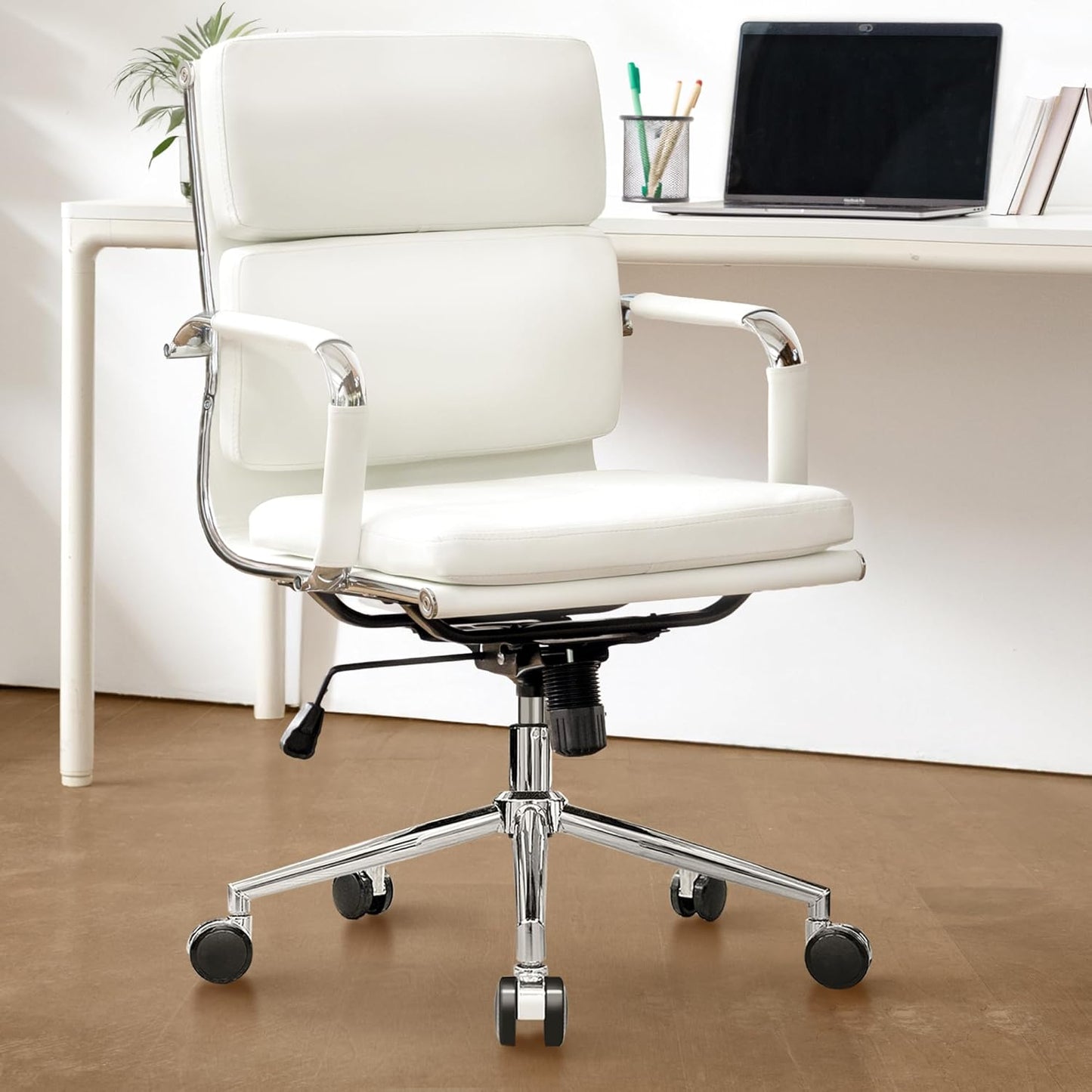 Executive Leather Office Chair - Mid-Back Desk Chair with Padded Arms (White)