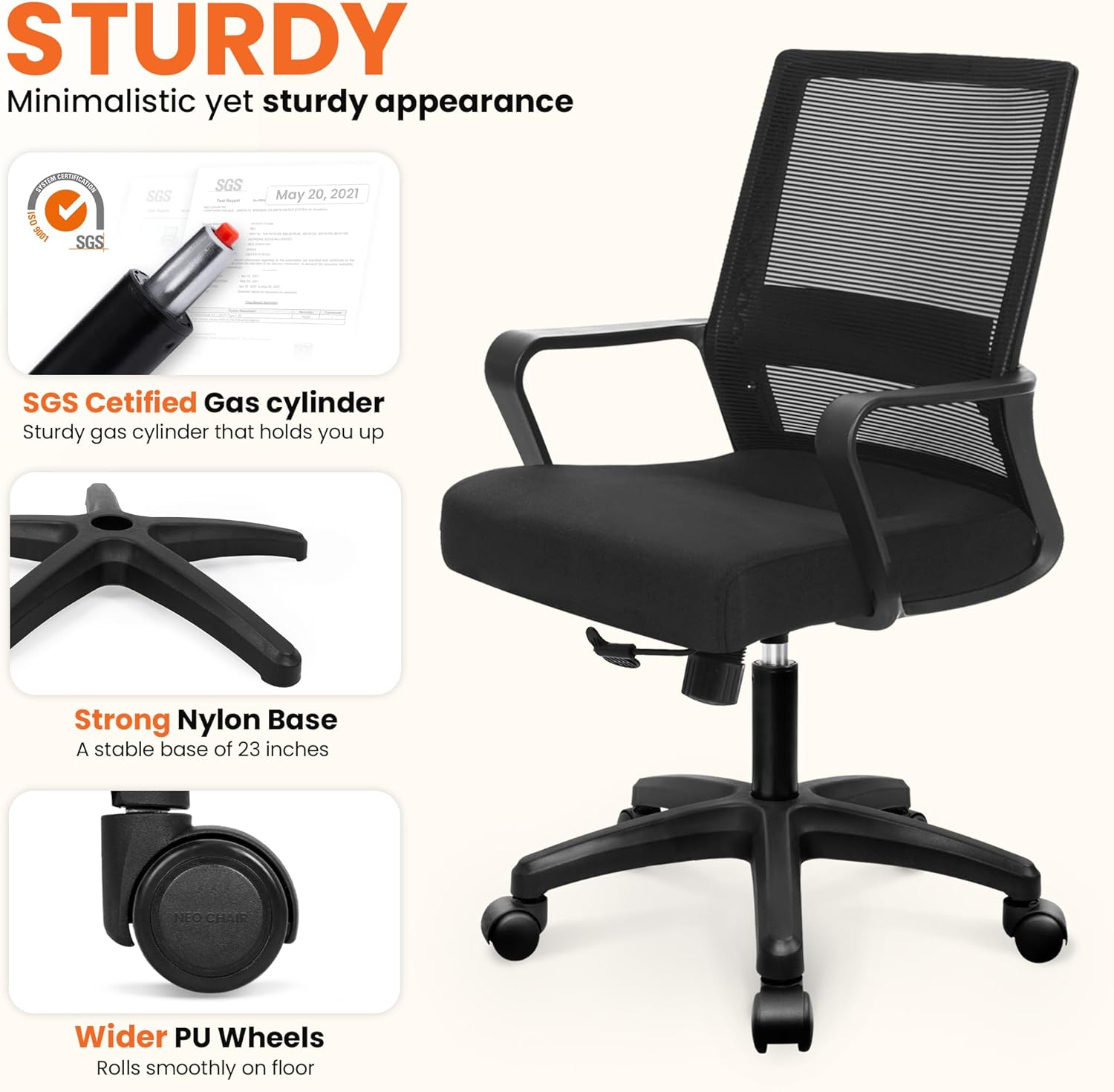Ergonomic Mesh Office Chair - Mid-Back Desk Chair with Lumbar Support (Black)