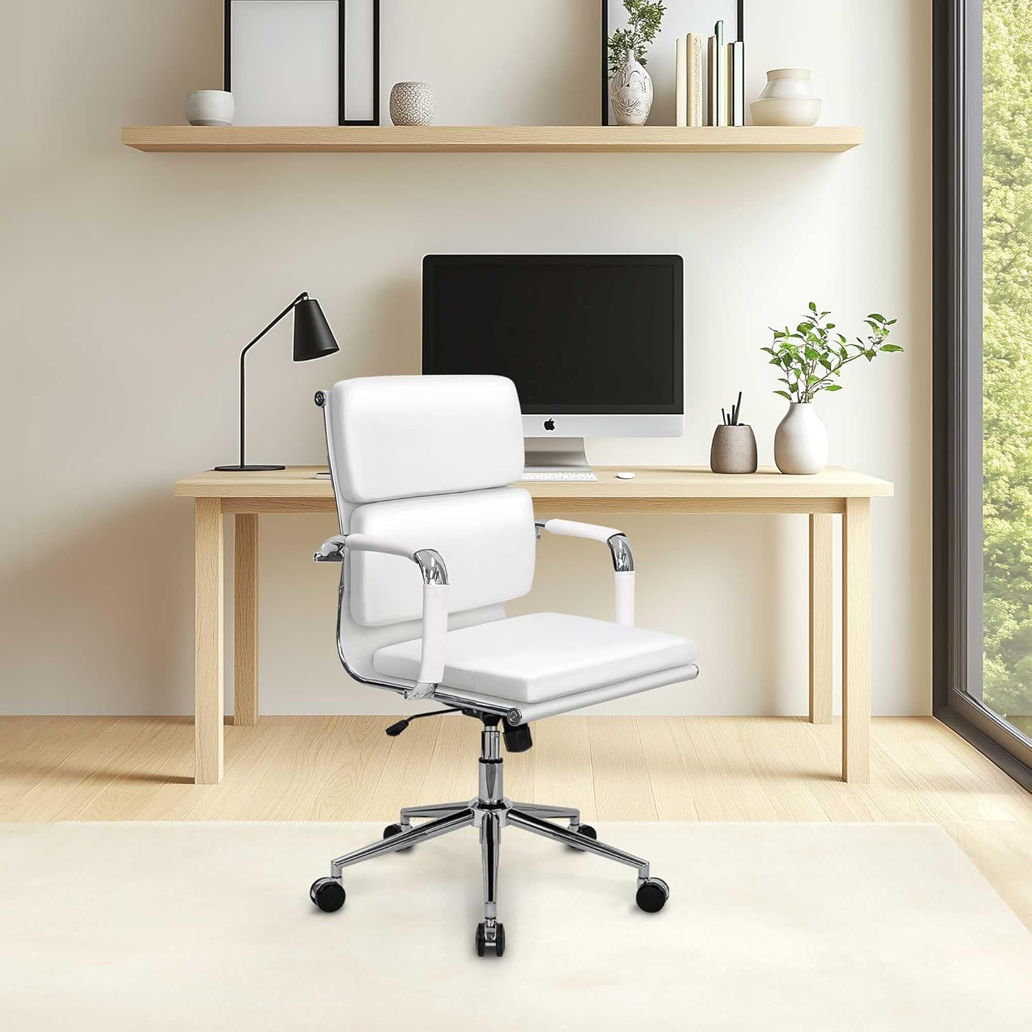Executive Leather Office Chair - Mid-Back Desk Chair with Padded Arms (White)