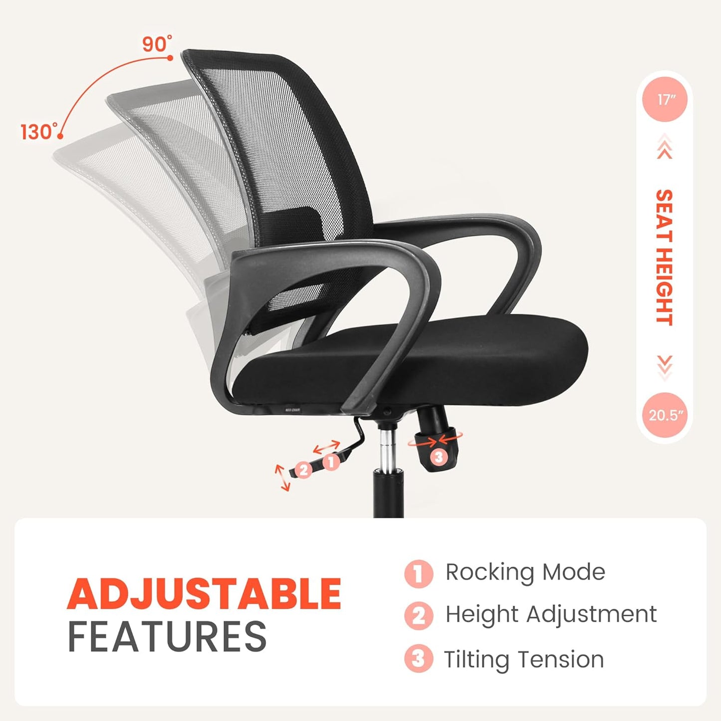 Ergonomic Mesh Office Chair - Mid-Back Task Chair with Lumbar Support (Black)