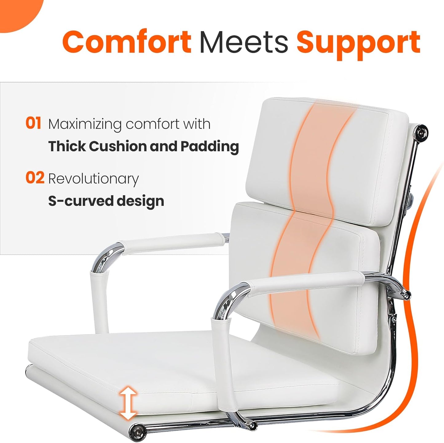 Executive Leather Office Chair - Mid-Back Desk Chair with Padded Arms (White)