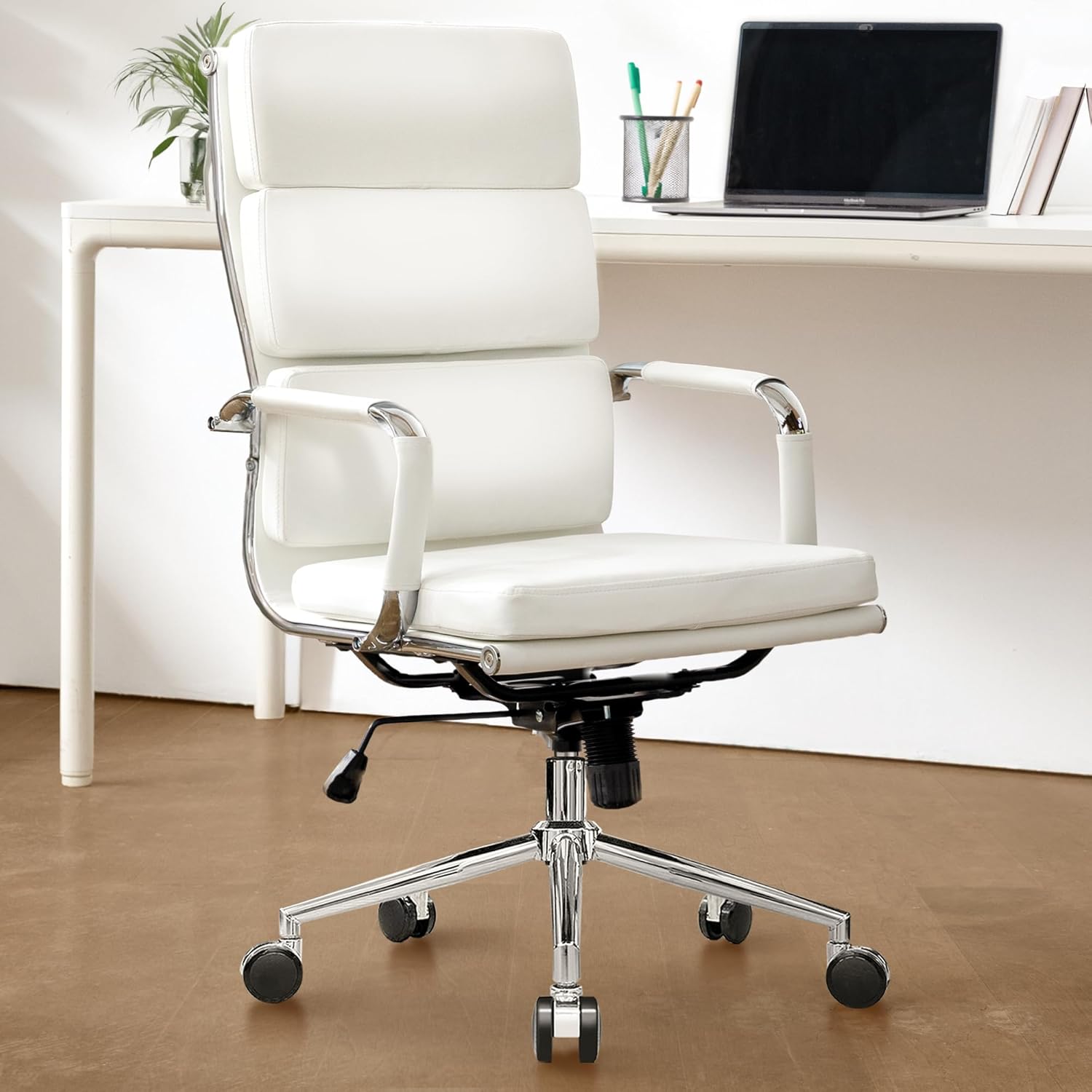 Executive Leather Office Chair - Mid-Back Desk Chair with Padded Arms (White)