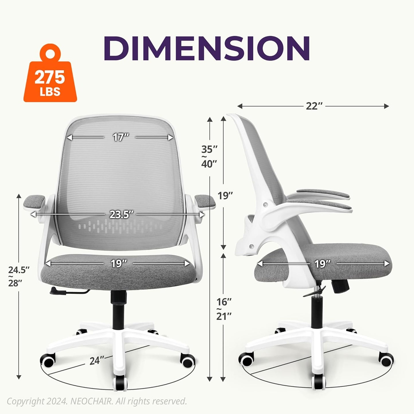 Ergonomic Mesh Office Chair - Mid-Back with Flip-up Arms & Lumbar Support (Grey)