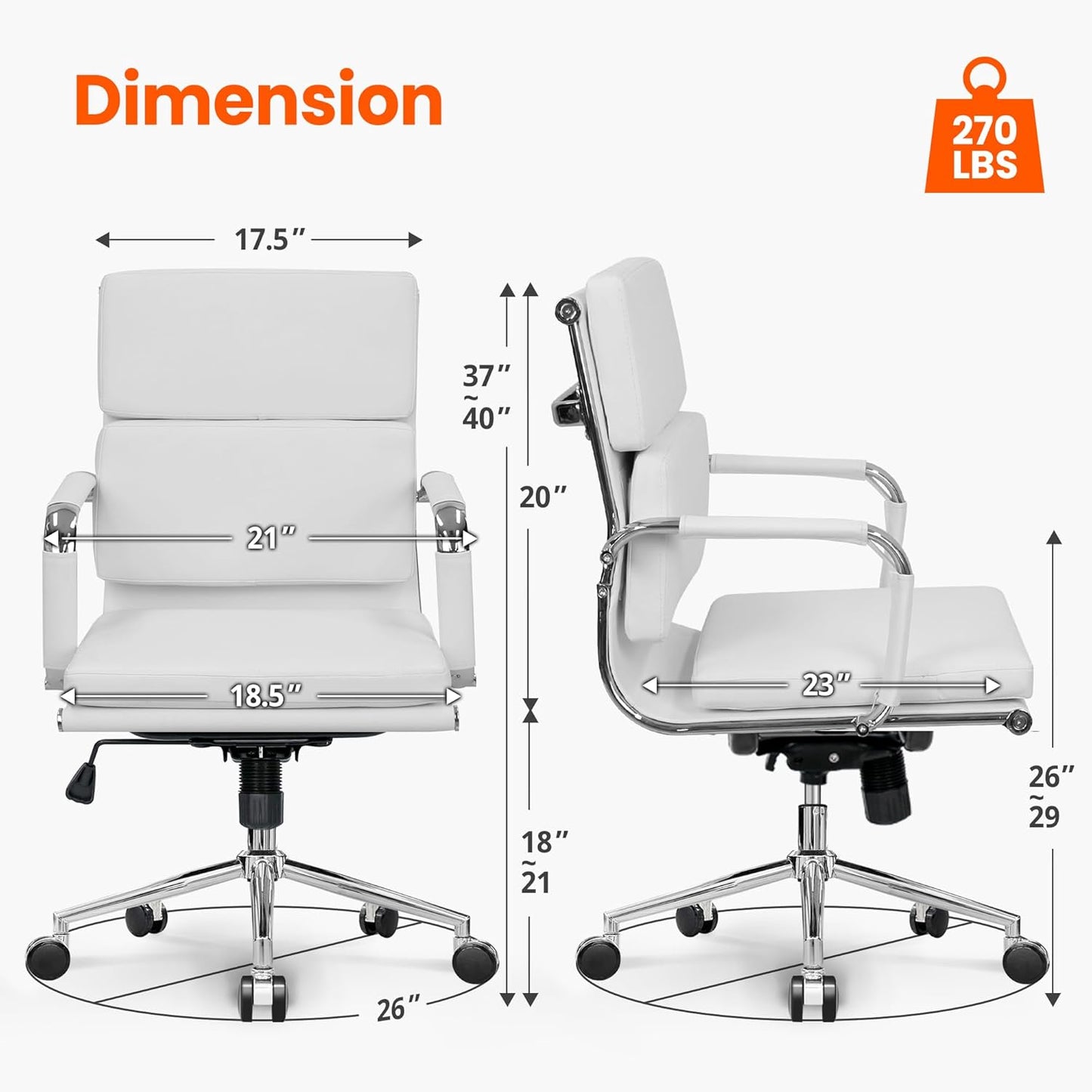 Executive Leather Office Chair - Mid-Back Desk Chair with Padded Arms (White)