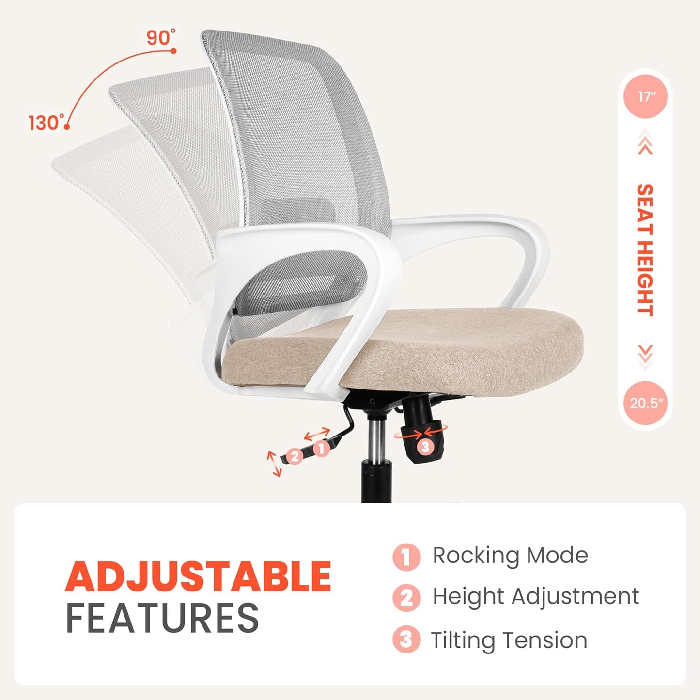 Ergonomic Mesh Office Chair - Mid-Back Desk Chair with Lumbar Support (Beige)