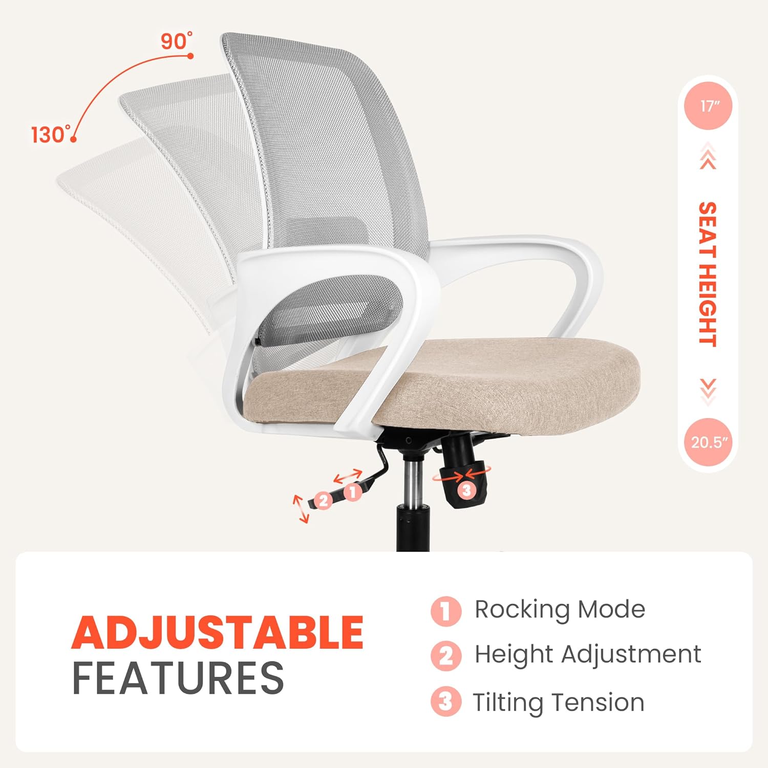 Ergonomic Mesh Office Chair - Mid-Back Desk Chair with Lumbar Support (Beige)