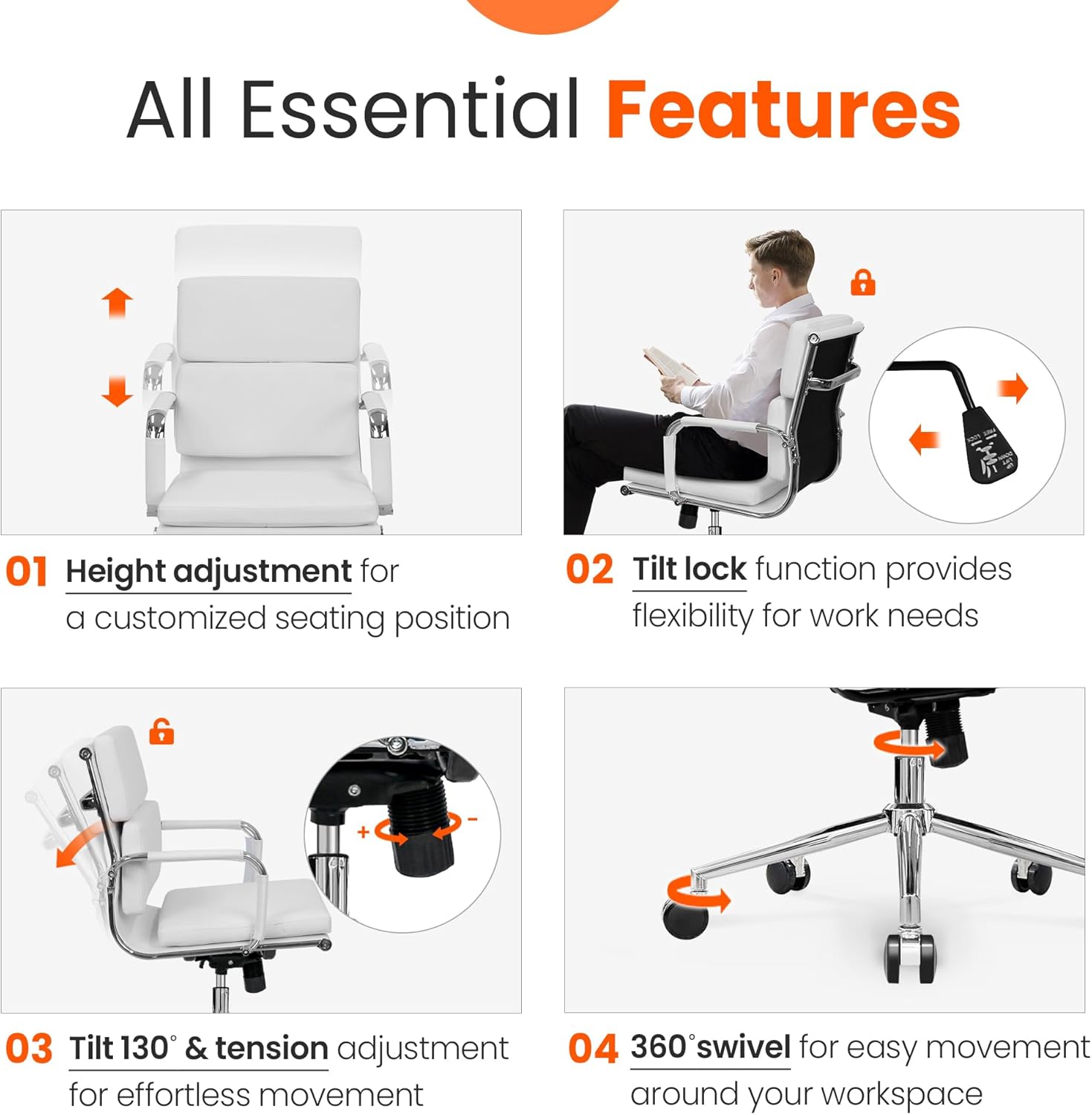 Executive Leather Office Chair - Mid-Back Desk Chair with Padded Arms (White)