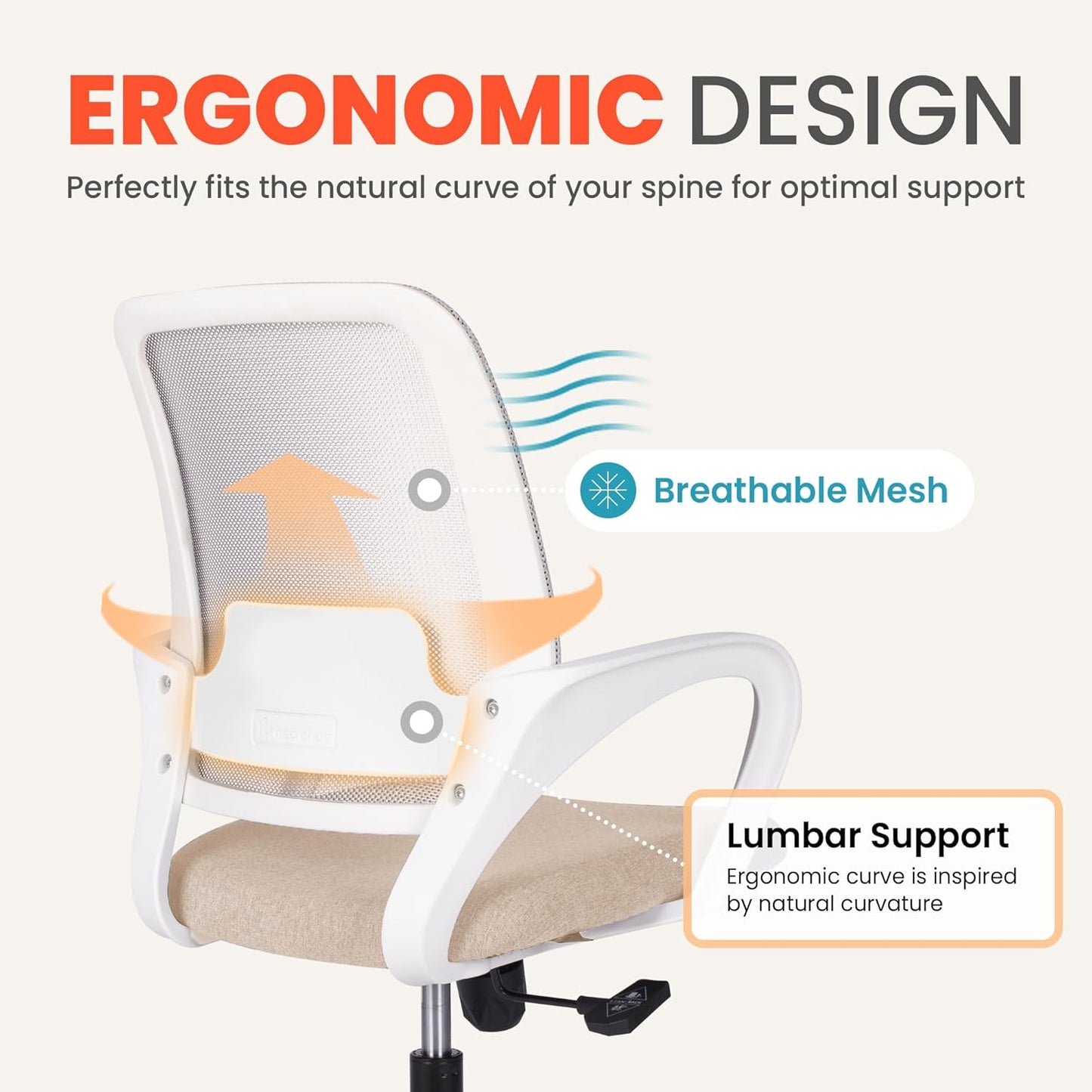Ergonomic Mesh Office Chair - Mid-Back Desk Chair with Lumbar Support (Beige)