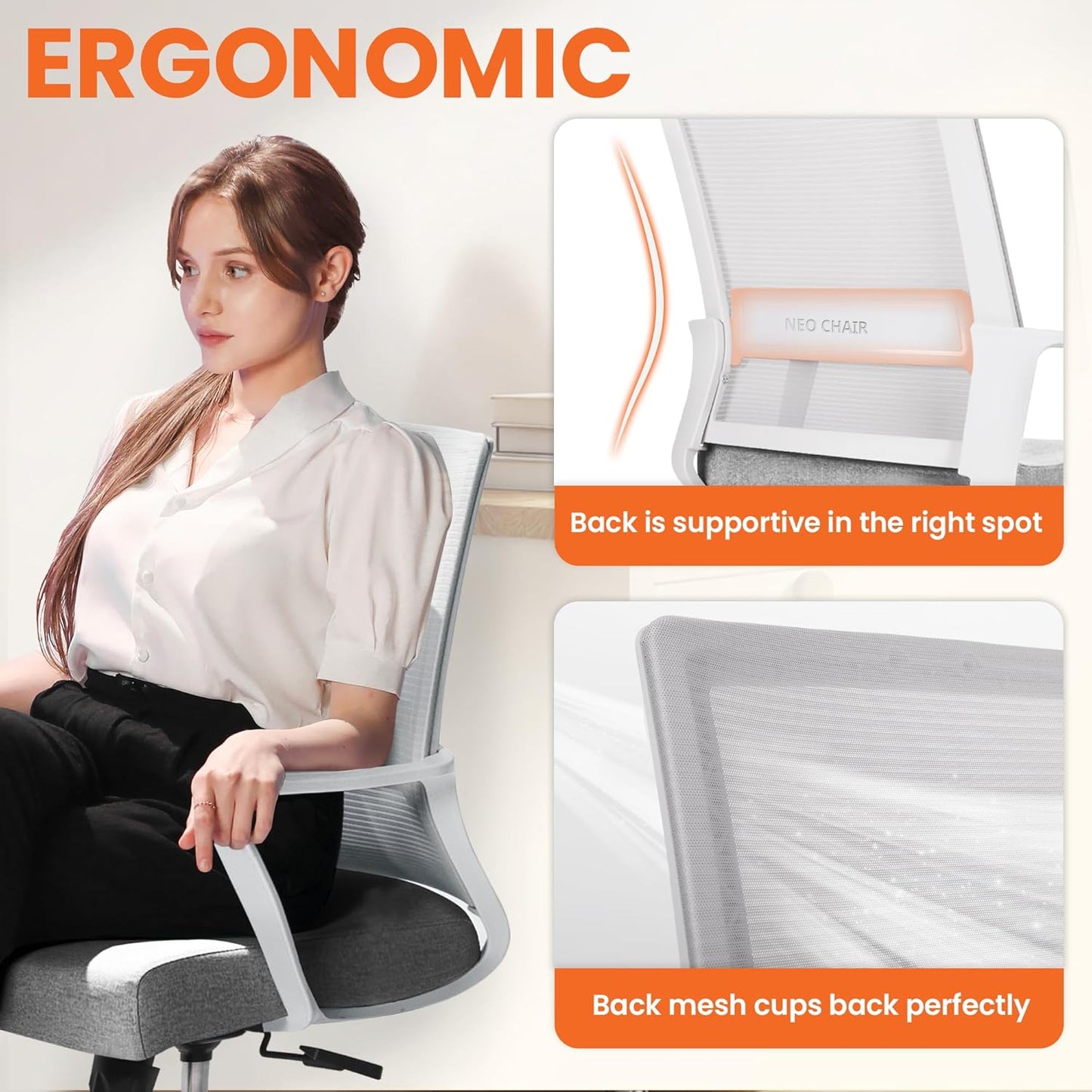 Ergonomic Mesh Office Chair - Mid-Back Desk Chair with Lumbar Support (Grey)