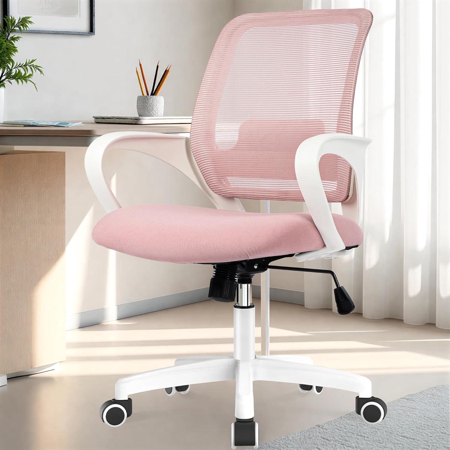 Ergonomic Mesh Office Chair - Mid-Back Desk Chair with Lumbar Support (Beige)