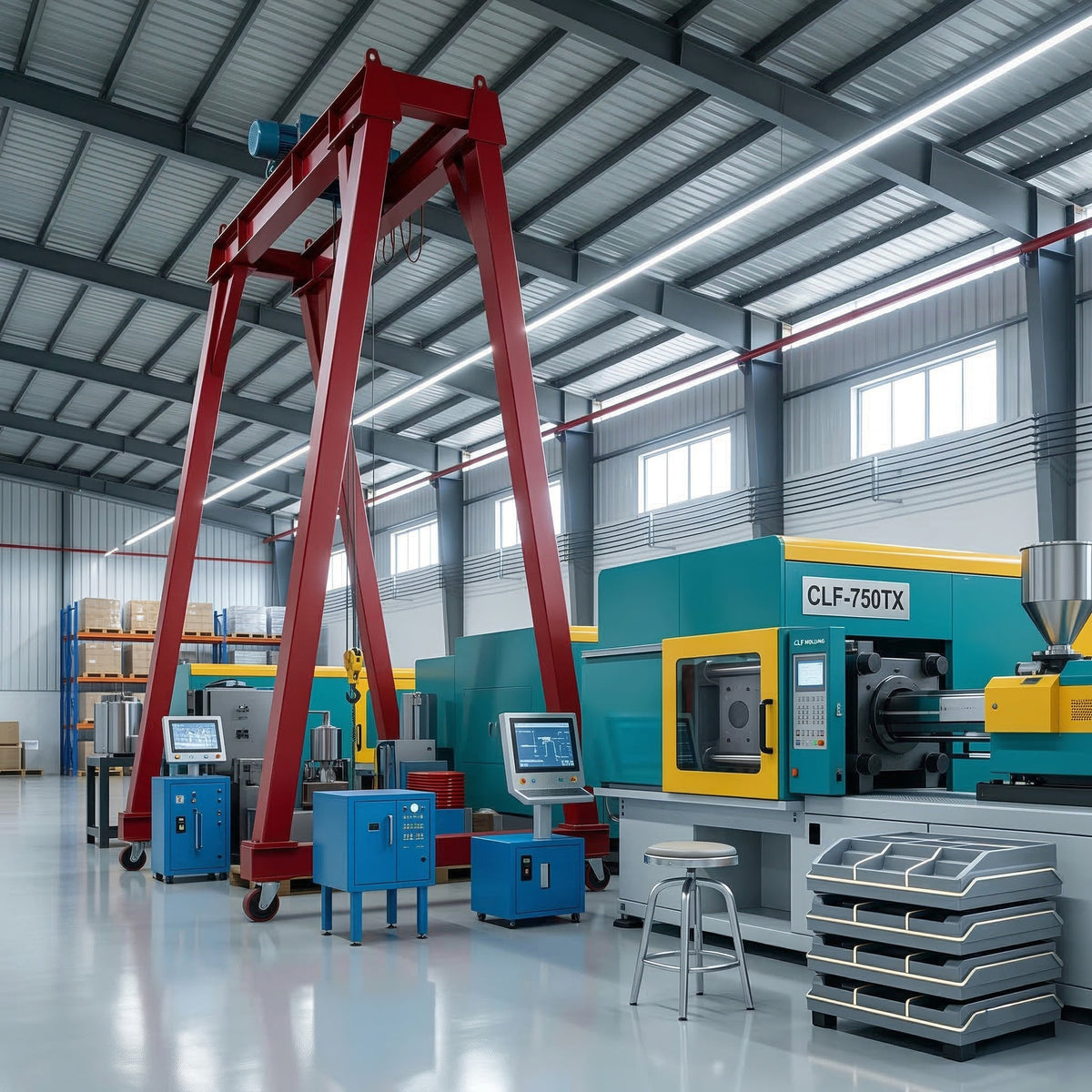 Automated injection molding workshop with industrial machinery producing office chair components